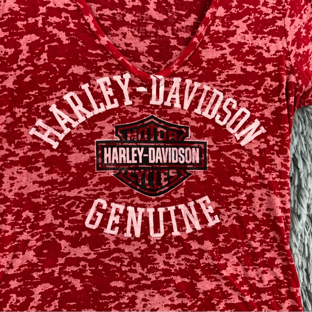 Harley Davidson Tshirt Womens Large Burnout Vneck Spellout Red Shirt - Picture 2 of 7